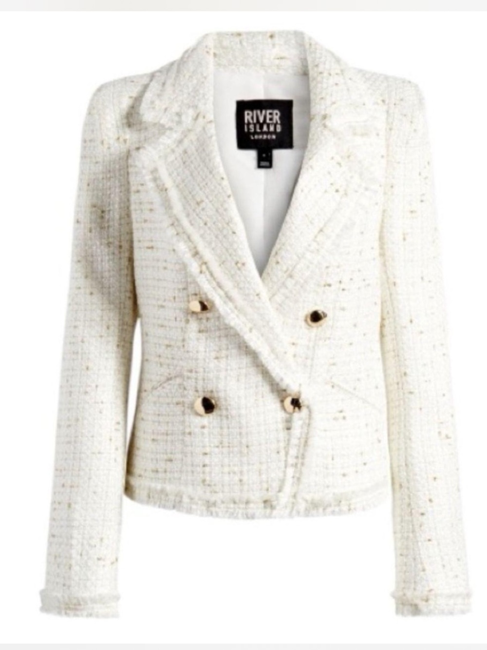 NWT River Island London Cream Tweed Double-Breasted Blazer with Gold Buttons